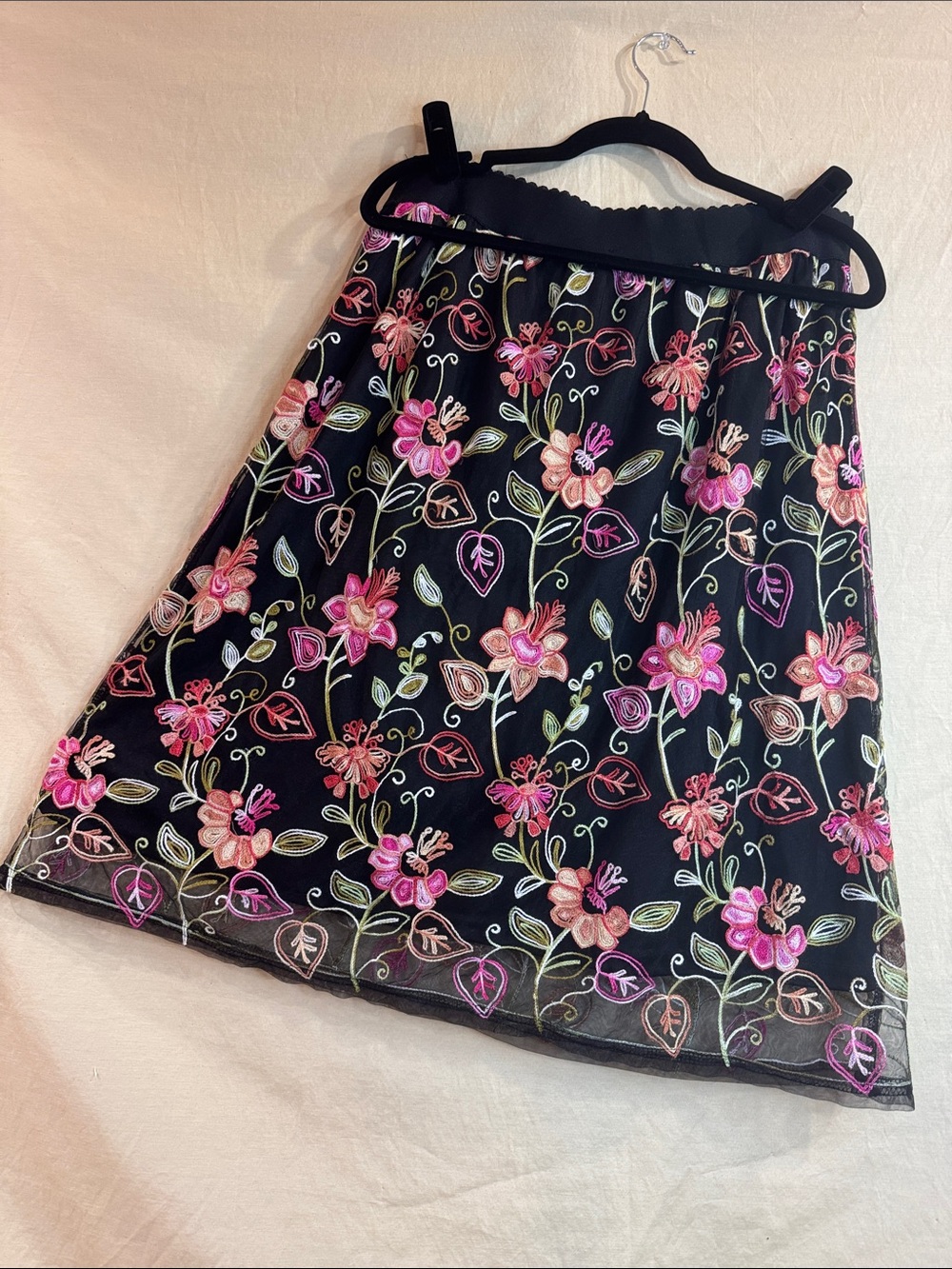 Floral Embroidered Net Overlay Black A-Line Skirt with Pink Accents